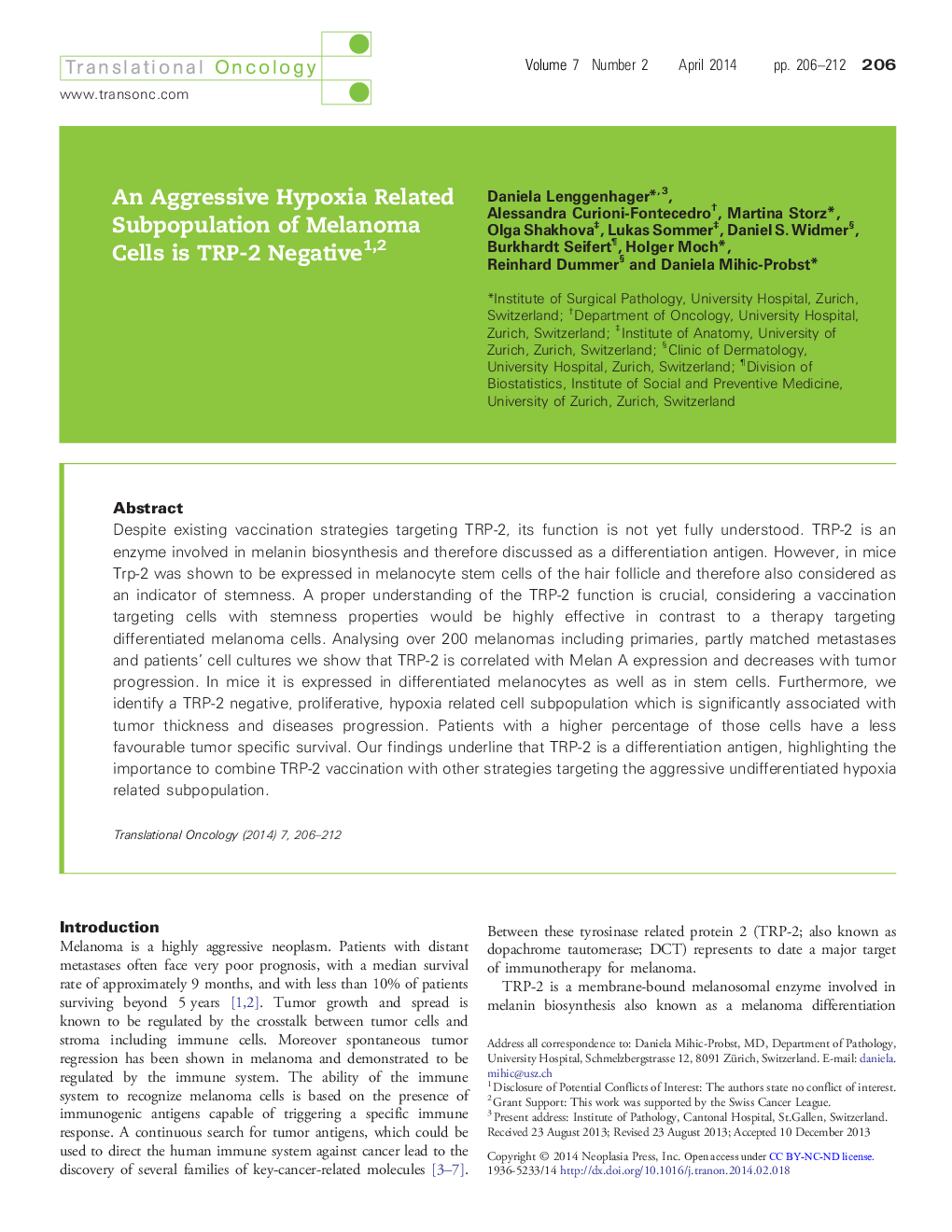 An Aggressive Hypoxia Related Subpopulation of Melanoma Cells is TRP-2 Negative 12