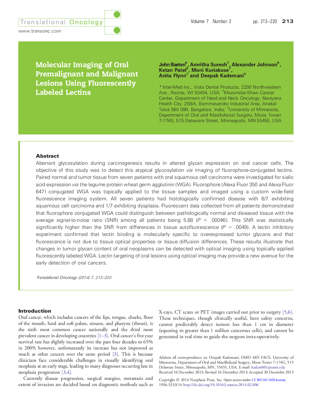 تصویربرداری مولکولی از ضایعات پیش زخمی و بدخیم دهانی با استفاده از لکتین های برچسب دار فلورسنتال 