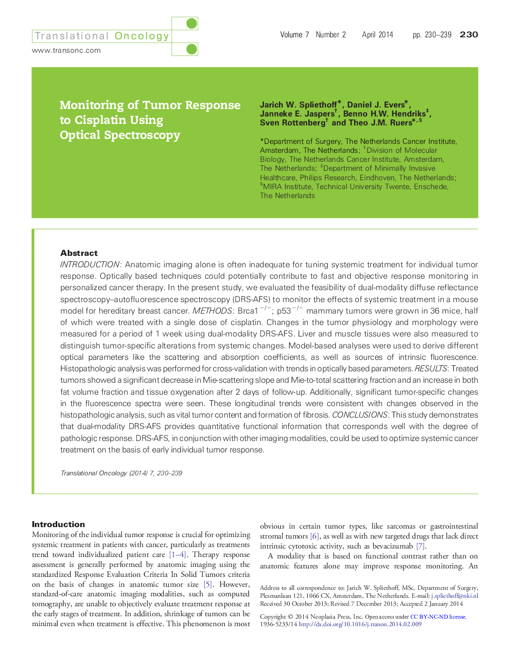 Monitoring of Tumor Response to Cisplatin Using Optical Spectroscopy