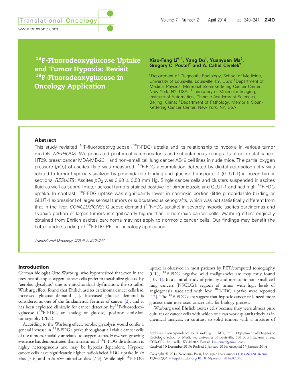 18F-Fluorodeoxyglucose Uptake and Tumor Hypoxia: Revisit 18F-Fluorodeoxyglucose in Oncology Application
