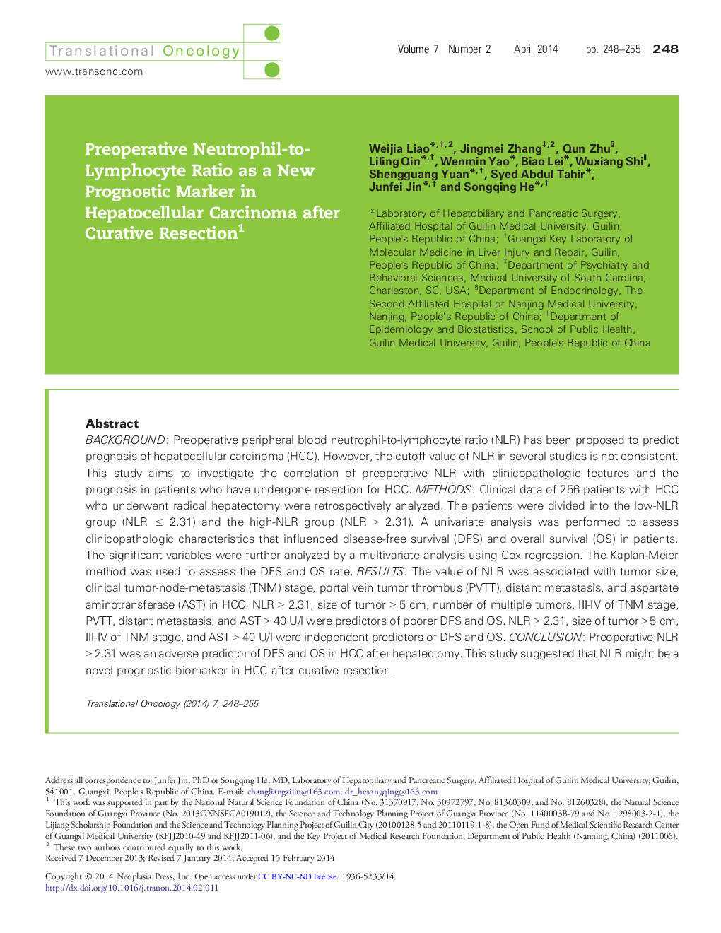 Preoperative Neutrophil-to-Lymphocyte Ratio as a New Prognostic Marker in Hepatocellular Carcinoma after Curative Resection 1