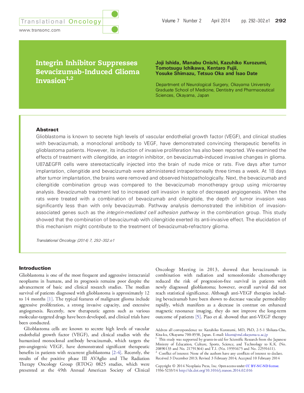 Integrin Inhibitor Suppresses Bevacizumab-Induced Glioma Invasion