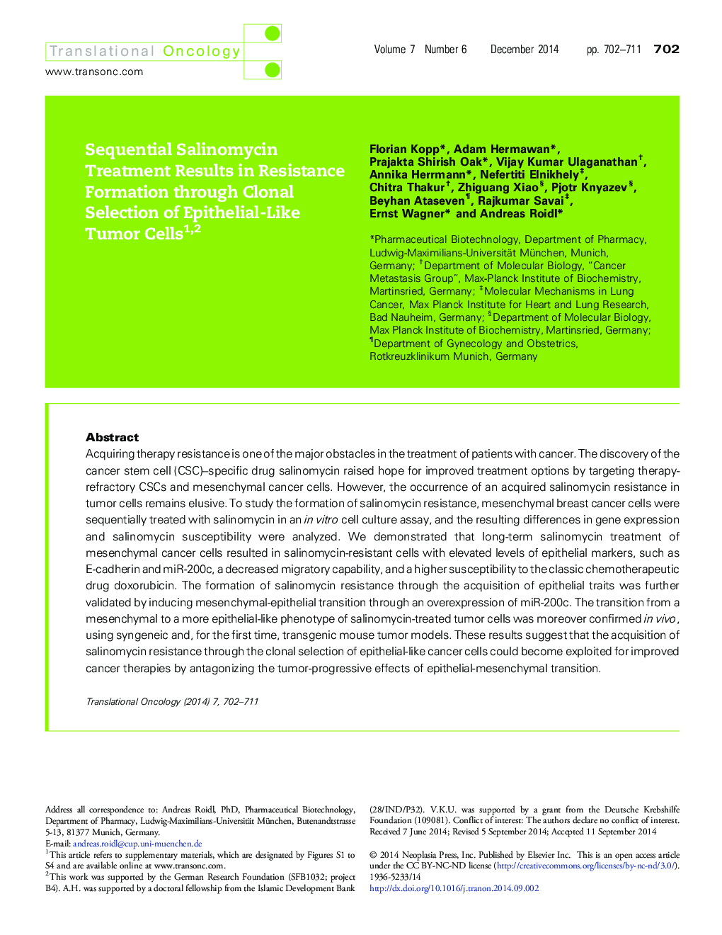 Sequential Salinomycin Treatment Results in Resistance Formation through Clonal Selection of Epithelial-Like Tumor Cells 12
