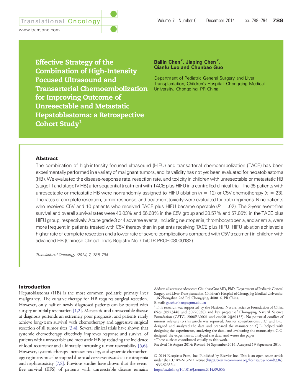Effective Strategy of the Combination of High-Intensity Focused Ultrasound and Transarterial Chemoembolization for Improving Outcome of Unresectable and Metastatic Hepatoblastoma: a Retrospective Cohort Study 1