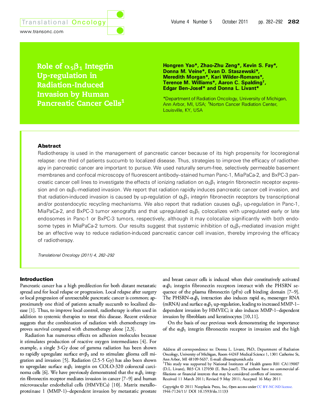 Role of α5β1 Integrin Up-regulation in Radiation-Induced Invasion by Human Pancreatic Cancer Cells 1