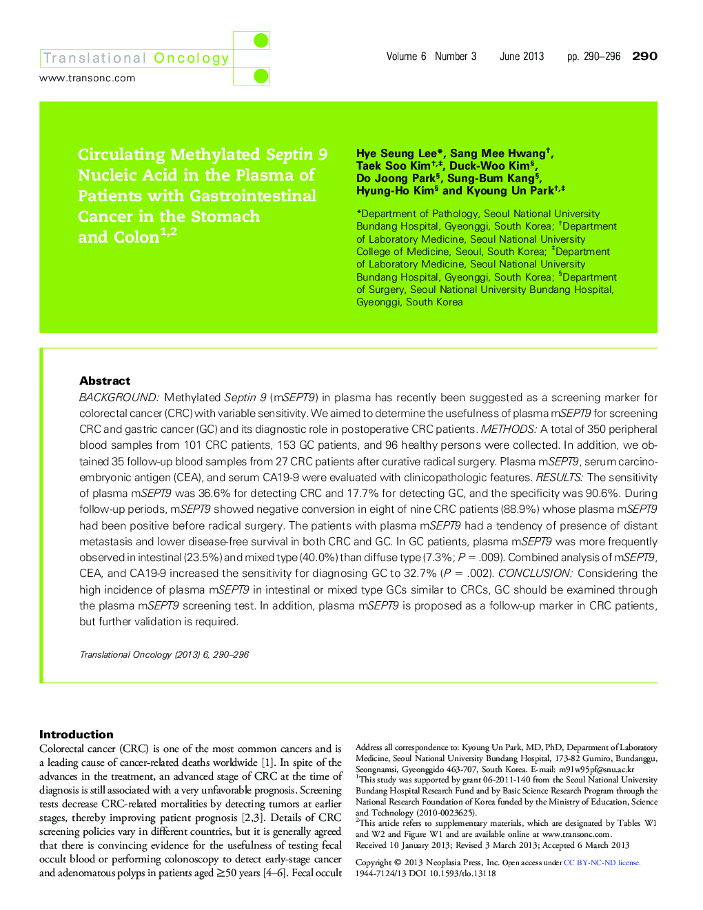 Circulating Methylated Septin 9 Nucleic Acid in the Plasma of Patients with Gastrointestinal Cancer in the Stomach and Colon