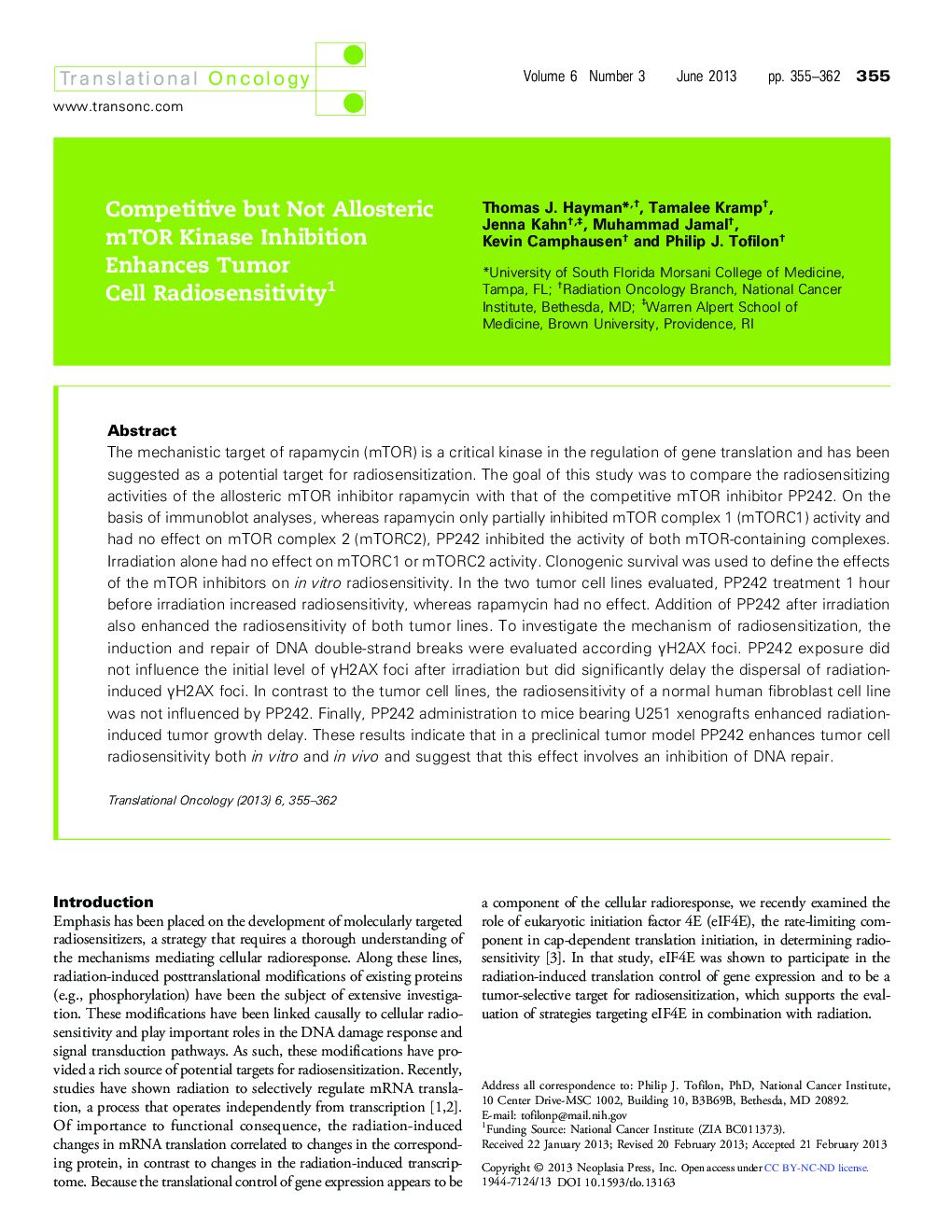 Competitive but Not Allosteric mTOR Kinase Inhibition Enhances Tumor Cell Radiosensitivity 