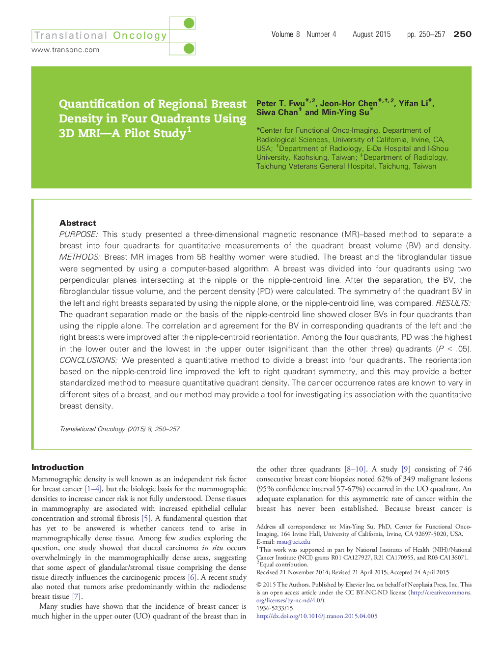 Quantification of Regional Breast Density in Four Quadrants Using 3D MRI—A Pilot Study 1