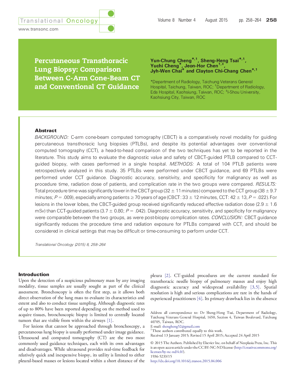 Percutaneous Transthoracic Lung Biopsy: Comparison Between C-Arm Cone-Beam CT and Conventional CT Guidance