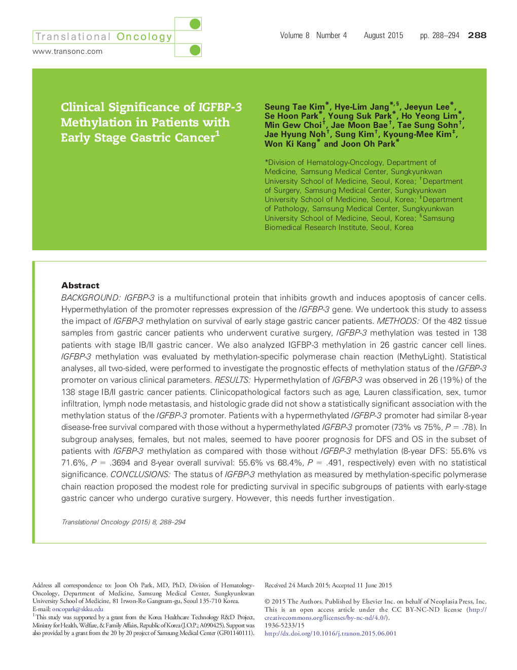 Clinical Significance of IGFBP-3 Methylation in Patients with Early Stage Gastric Cancer 1
