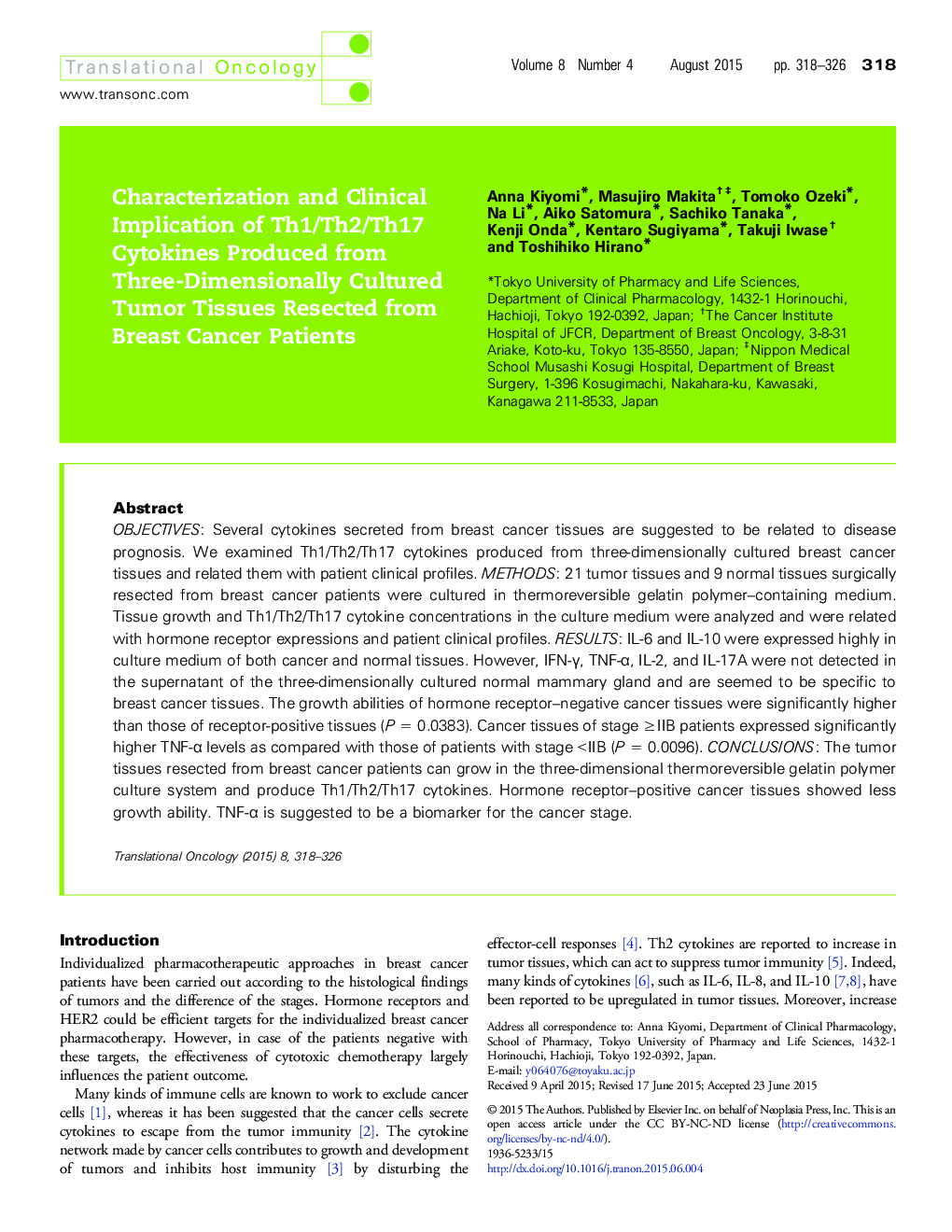 Characterization and Clinical Implication of Th1/Th2/Th17 Cytokines Produced from Three-Dimensionally Cultured Tumor Tissues Resected from Breast Cancer Patients