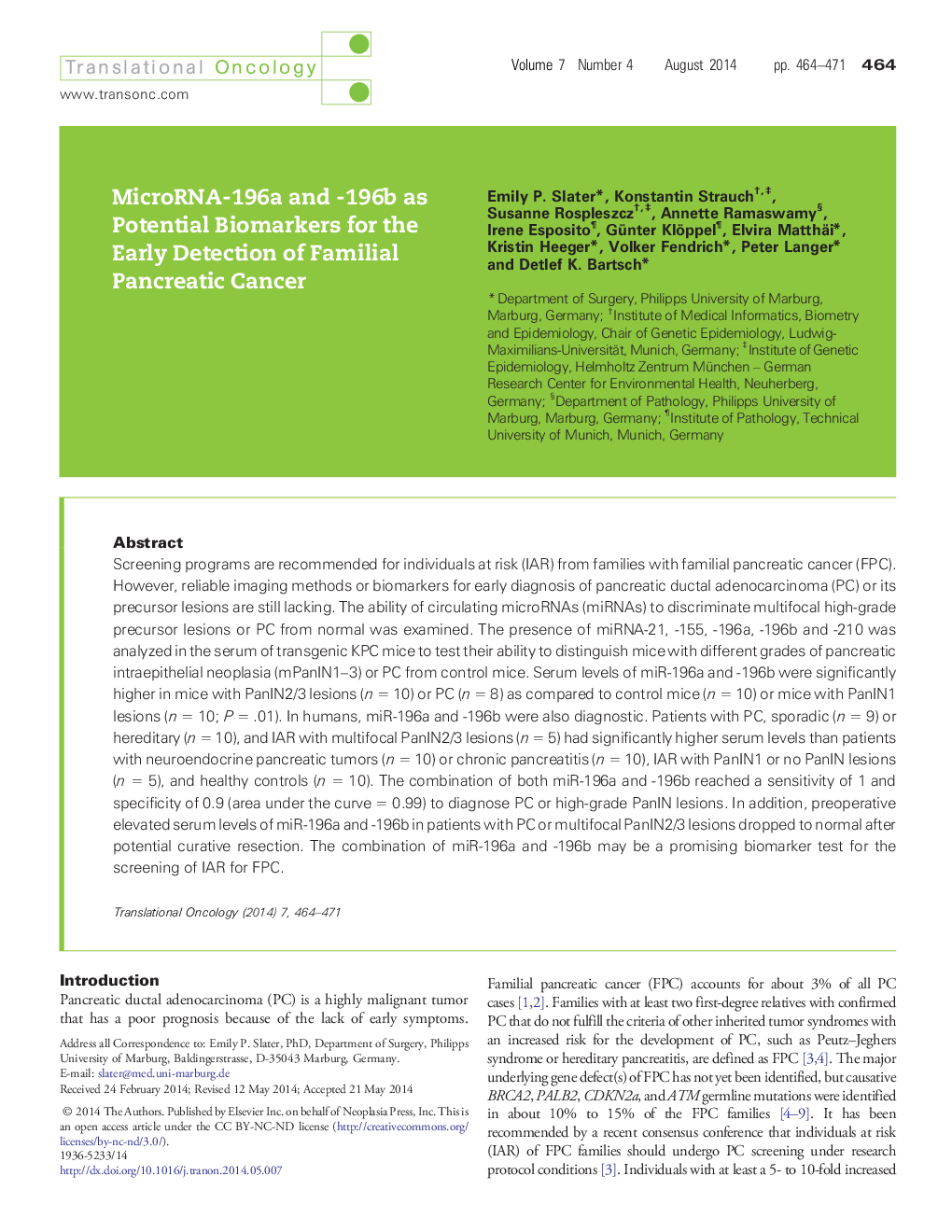 MicroRNA-196a and -196b as Potential Biomarkers for the Early Detection of Familial Pancreatic Cancer