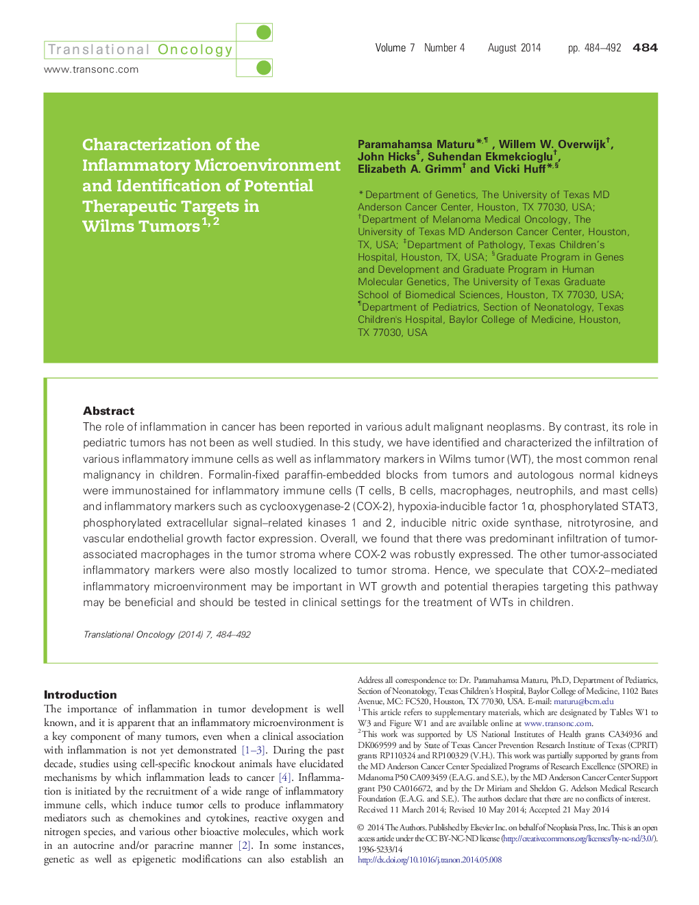 Characterization of the Inflammatory Microenvironment and Identification of Potential Therapeutic Targets in Wilms Tumors 12
