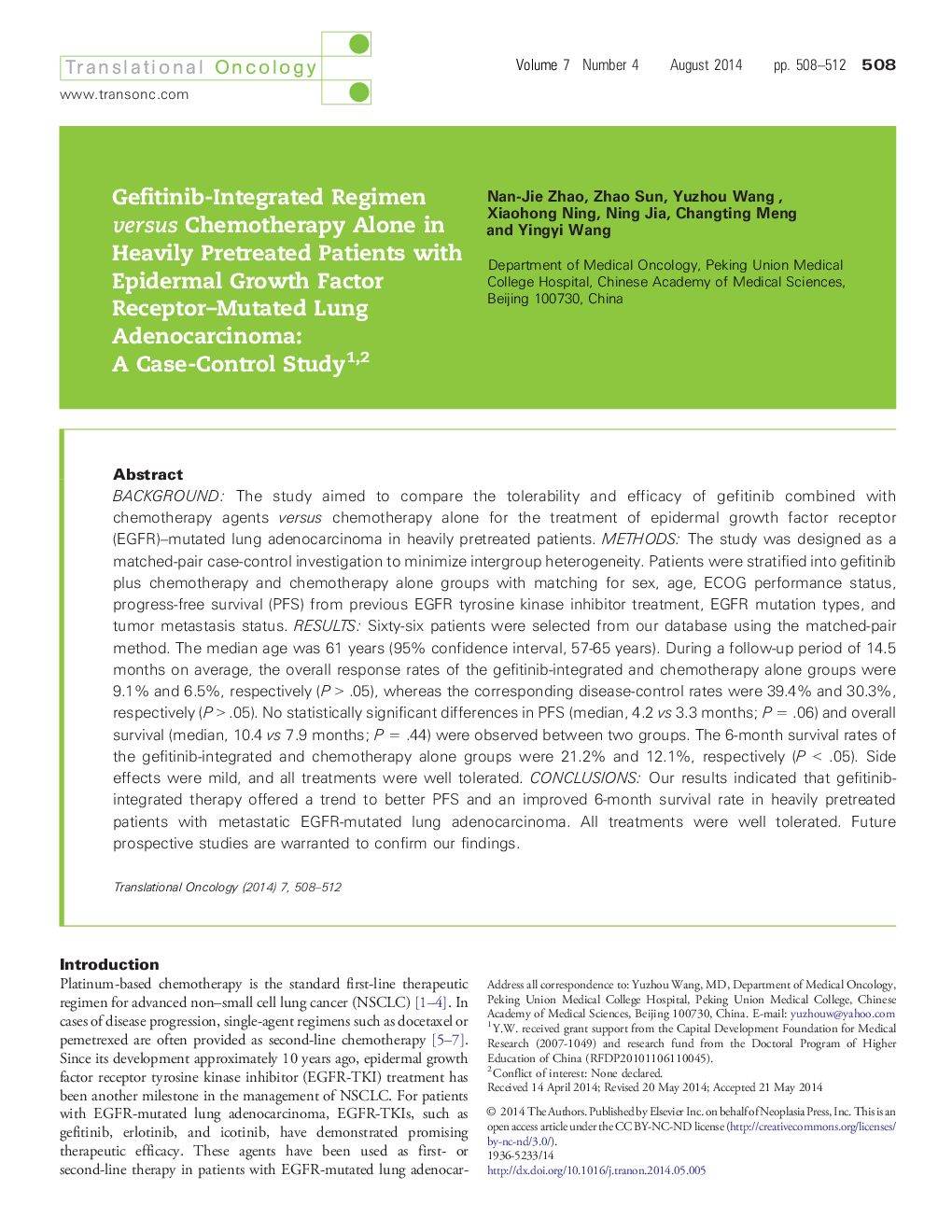 Gefitinib-Integrated Regimen versus Chemotherapy Alone in Heavily Pretreated Patients with Epidermal Growth Factor Receptor–Mutated Lung Adenocarcinoma: A Case-Control Study 12