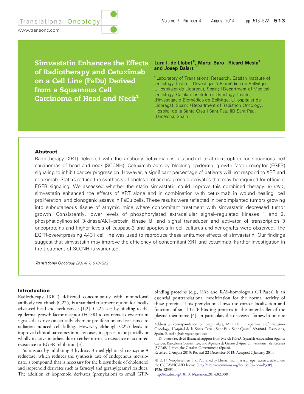 Simvastatin Enhances the Effects of Radiotherapy and Cetuximab on a Cell Line (FaDu) Derived from a Squamous Cell Carcinoma of Head and Neck 1