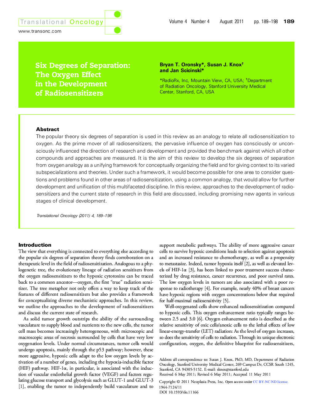 Six Degrees of Separation: The Oxygen Effect in the Development of Radiosensitizers