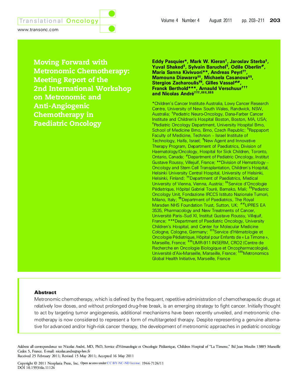 Moving Forward with Metronomic Chemotherapy: Meeting Report of the 2nd International Workshop on Metronomic and Anti-Angiogenic Chemotherapy in Paediatric Oncology