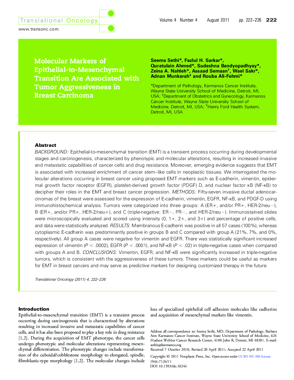 Molecular Markers of Epithelial-to-Mesenchymal Transition Are Associated with Tumor Aggressiveness in Breast Carcinoma