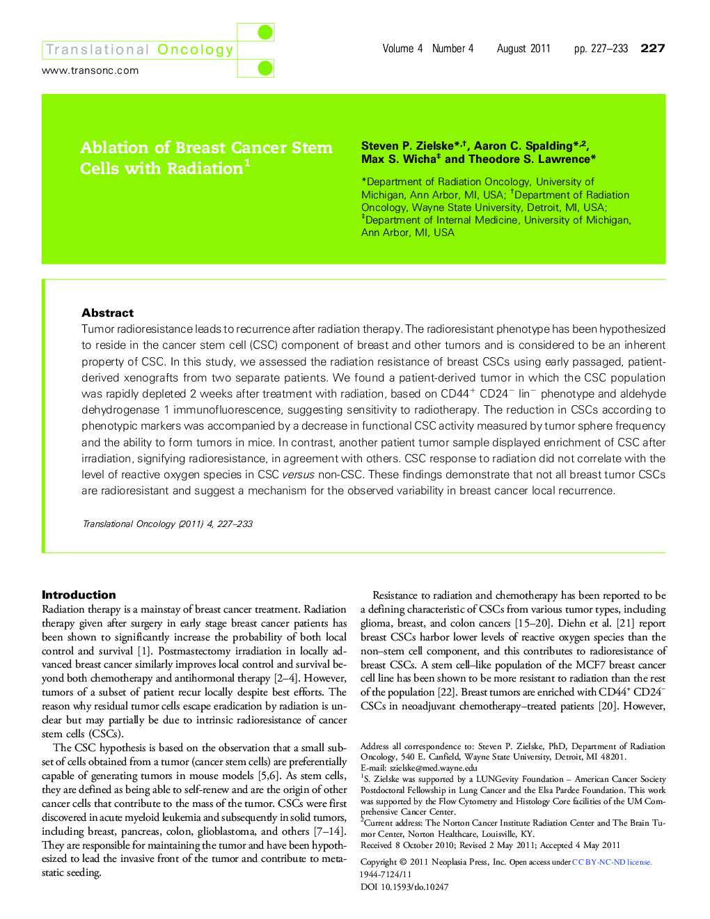 Ablation of Breast Cancer Stem Cells with Radiation 1