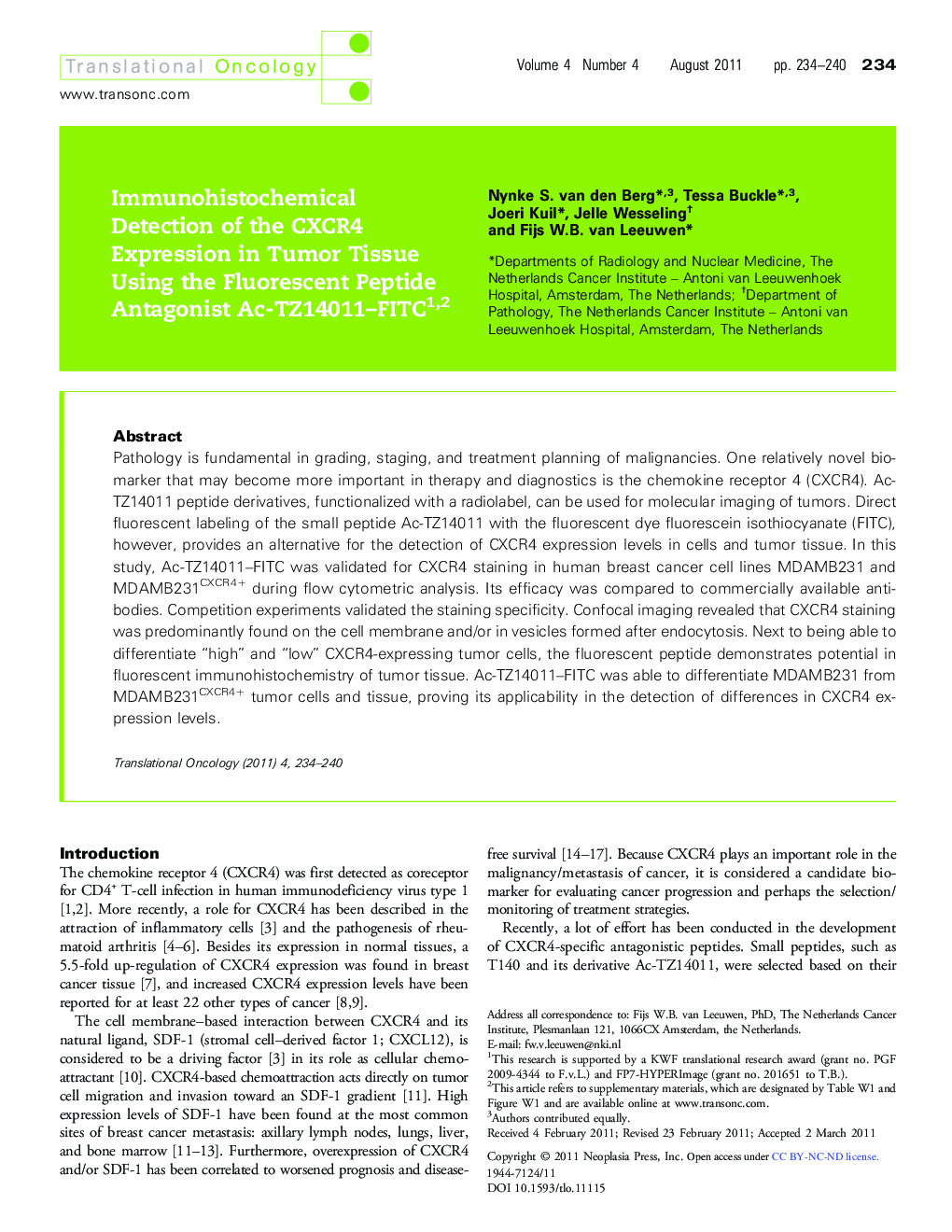 Immunohistochemical Detection of the CXCR4 Expression in Tumor Tissue Using the Fluorescent Peptide Antagonist Ac-TZ14011-FITC