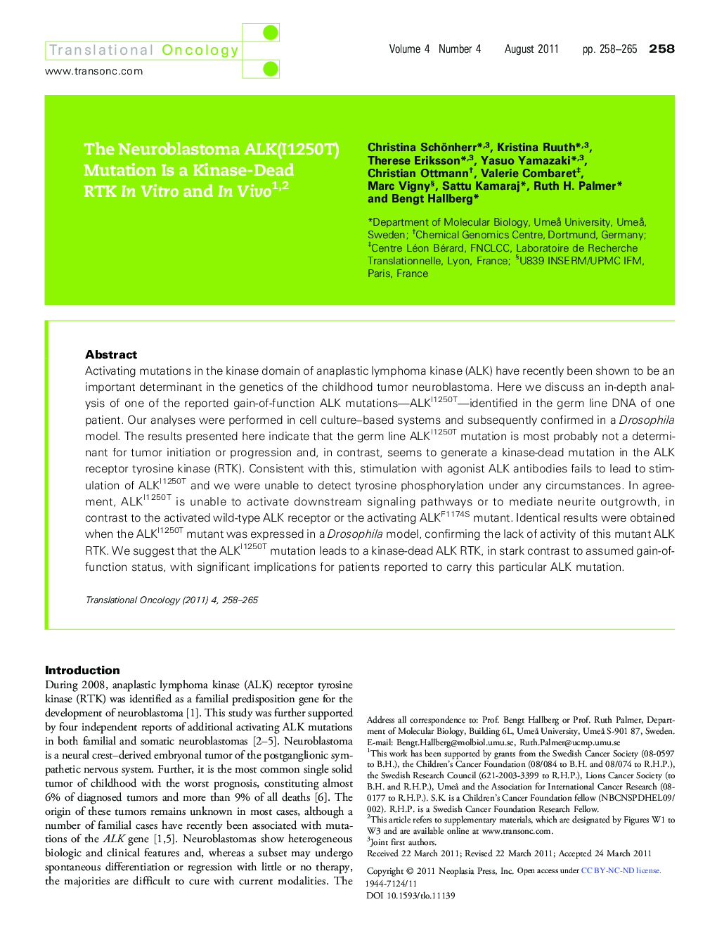 The Neuroblastoma ALK(I1250T) Mutation Is a Kinase-Dead RTK In Vitro and In Vivo