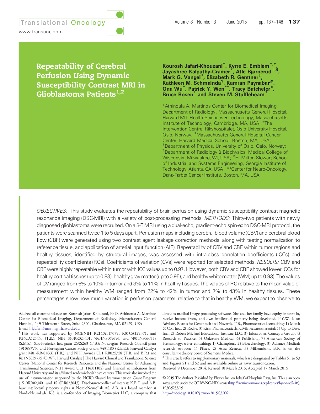 Repeatability of Cerebral Perfusion Using Dynamic Susceptibility Contrast MRI in Glioblastoma Patients 12