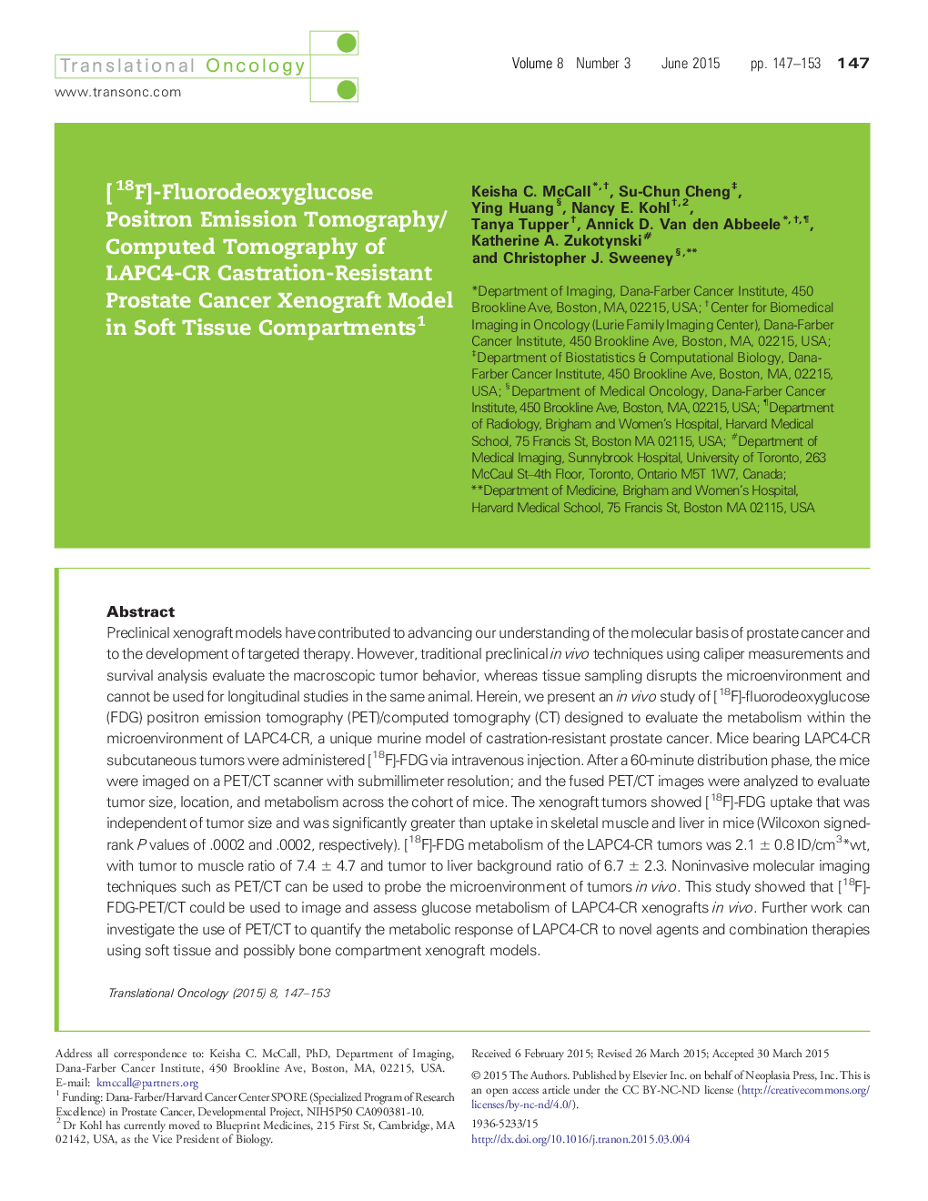 [18F]-Fluorodeoxyglucose Positron Emission Tomography/Computed Tomography of LAPC4-CR Castration-Resistant Prostate Cancer Xenograft Model in Soft Tissue Compartments 1
