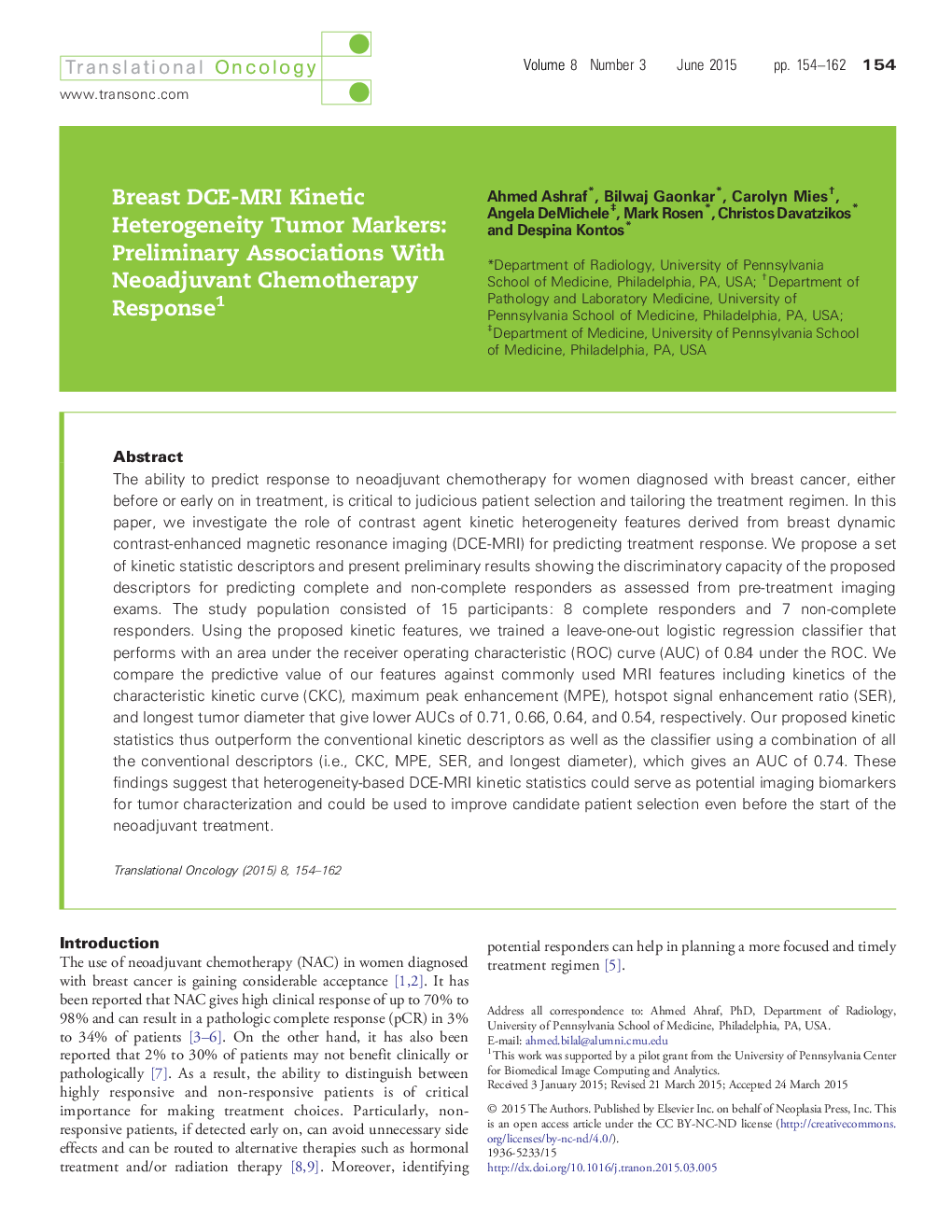 Breast DCE-MRI Kinetic Heterogeneity Tumor Markers: Preliminary Associations With Neoadjuvant Chemotherapy Response 1