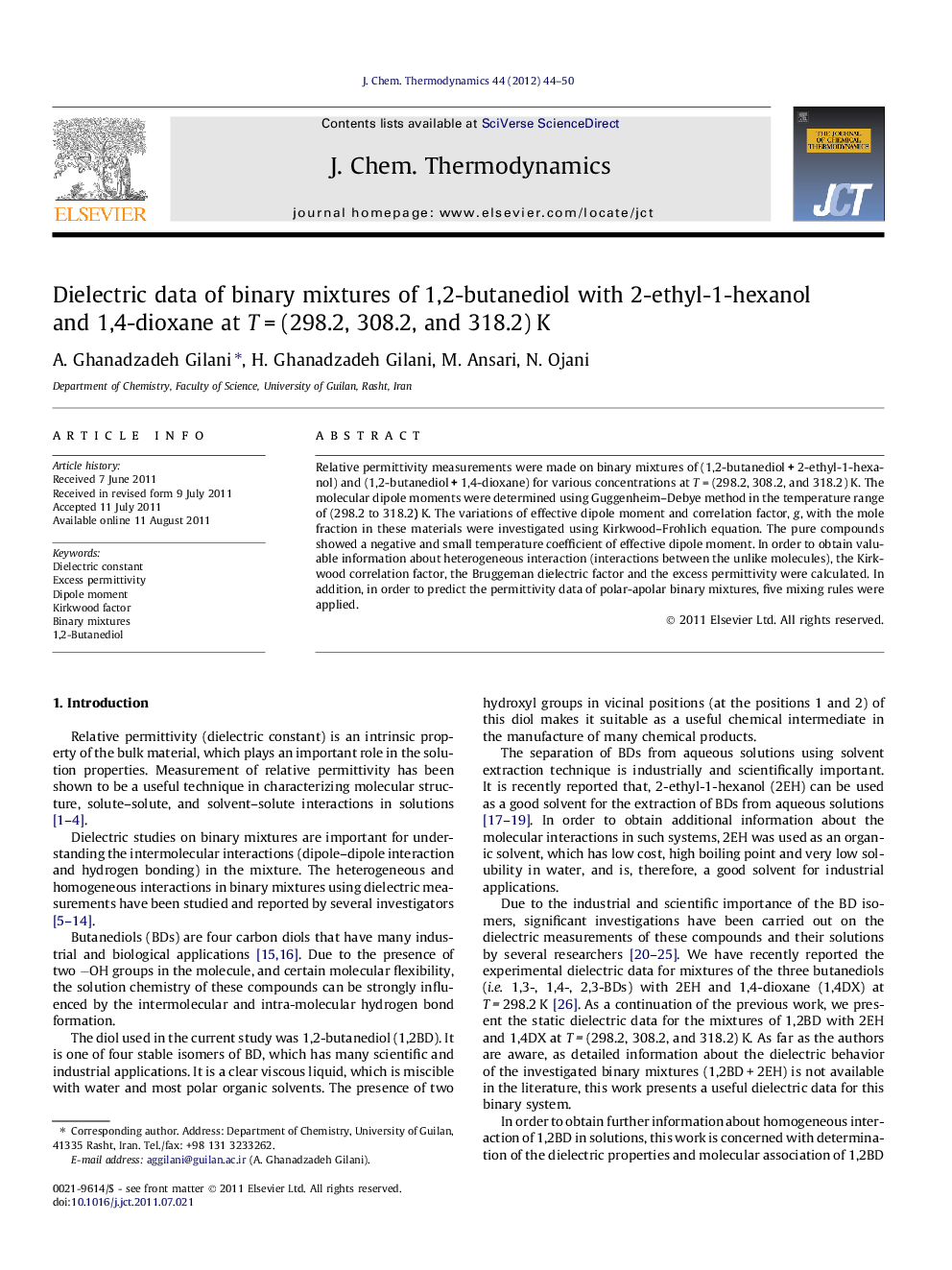 Dielectric data of binary mixtures of 1,2-butanediol with 2-ethyl-1-hexanol and 1,4-dioxane at T = (298.2, 308.2, and 318.2) K