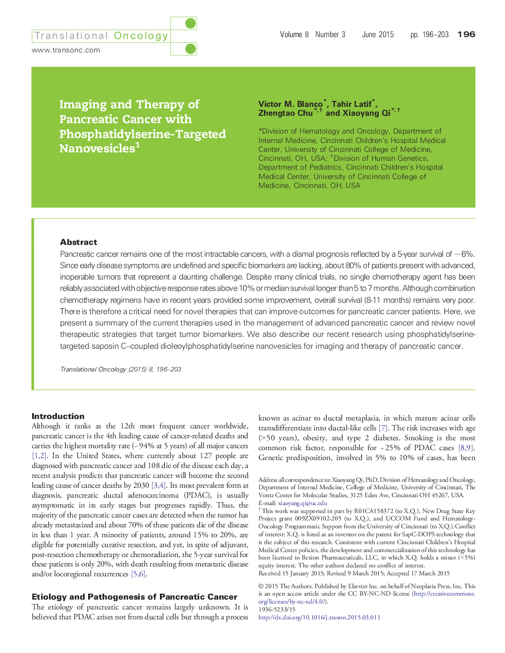 Imaging and Therapy of Pancreatic Cancer with Phosphatidylserine-Targeted Nanovesicles 1