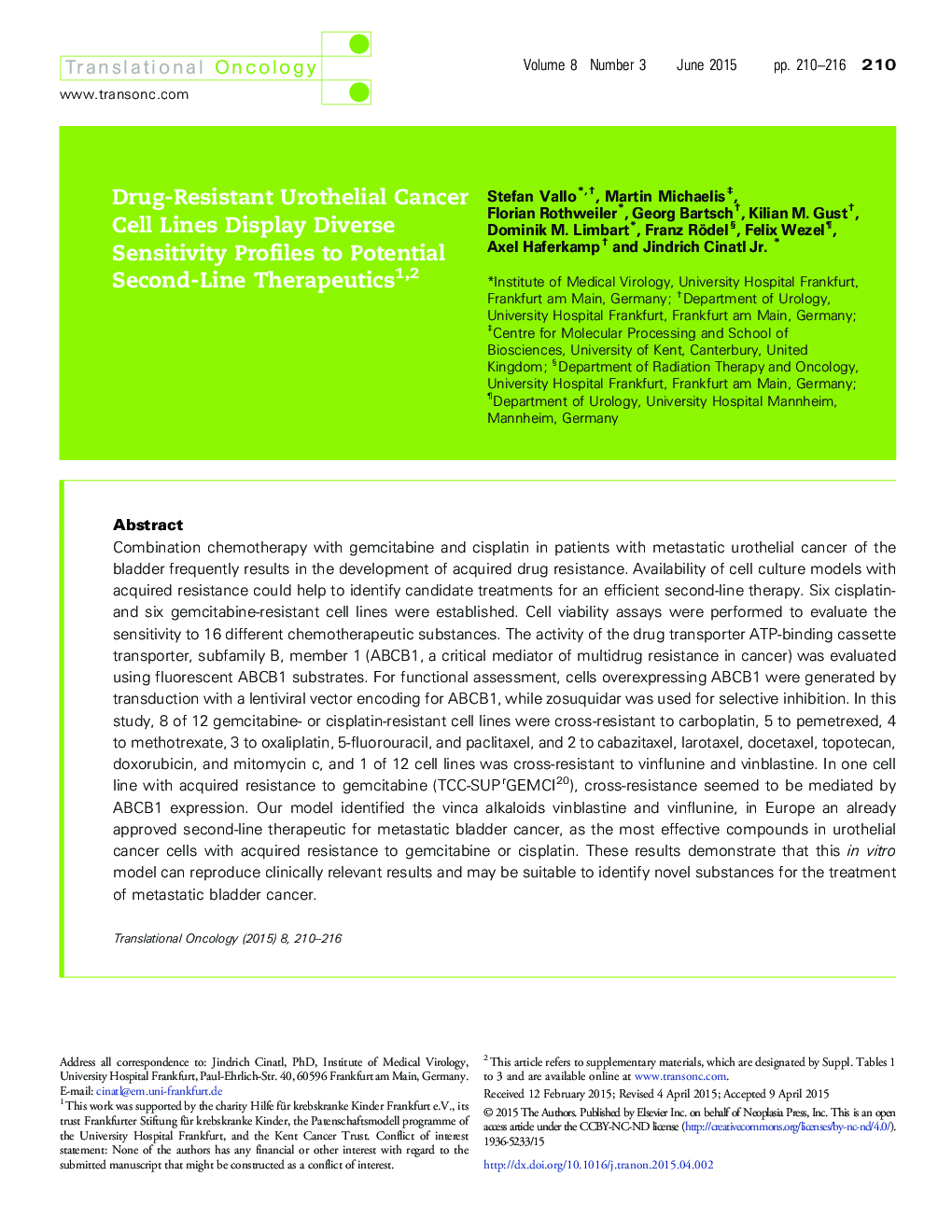 Drug-Resistant Urothelial Cancer Cell Lines Display Diverse Sensitivity Profiles to Potential Second-Line Therapeutics 12