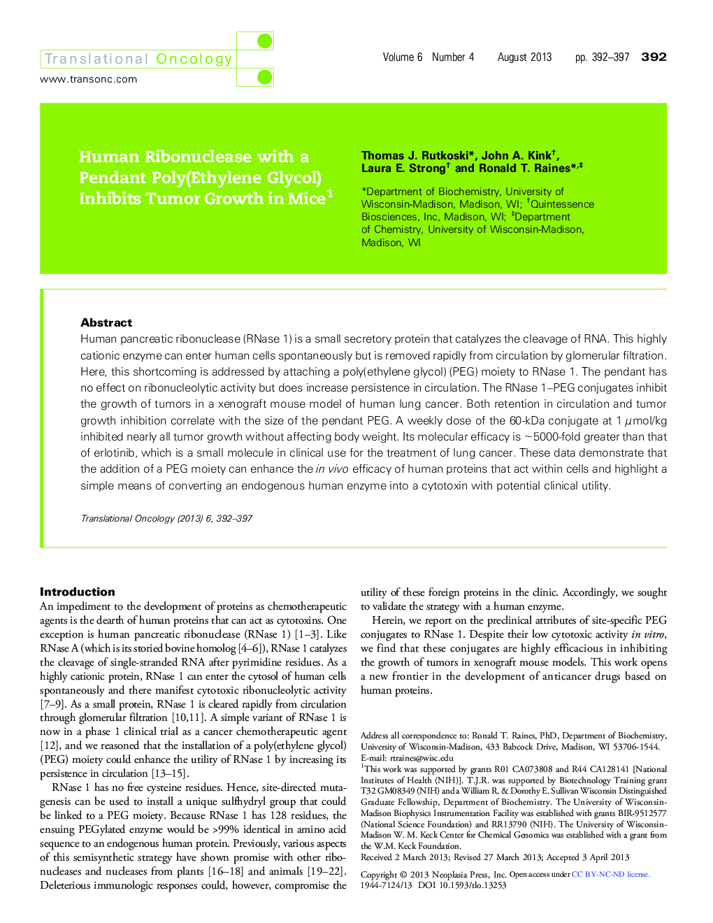 Human Ribonuclease with a Pendant Poly(Ethylene Glycol) Inhibits Tumor Growth in Mice 1