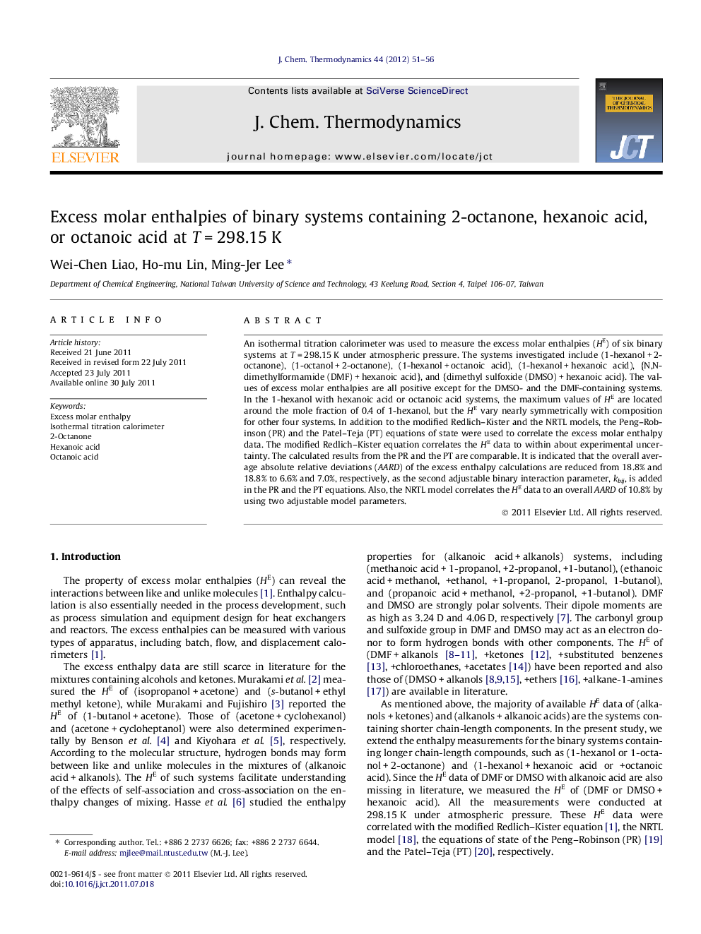 Excess molar enthalpies of binary systems containing 2-octanone, hexanoic acid, or octanoic acid at T = 298.15 K