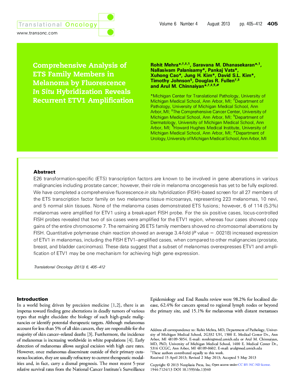 Comprehensive Analysis of ETS Family Members in Melanoma by Fluorescence In Situ Hybridization Reveals Recurrent ETV1 Amplification