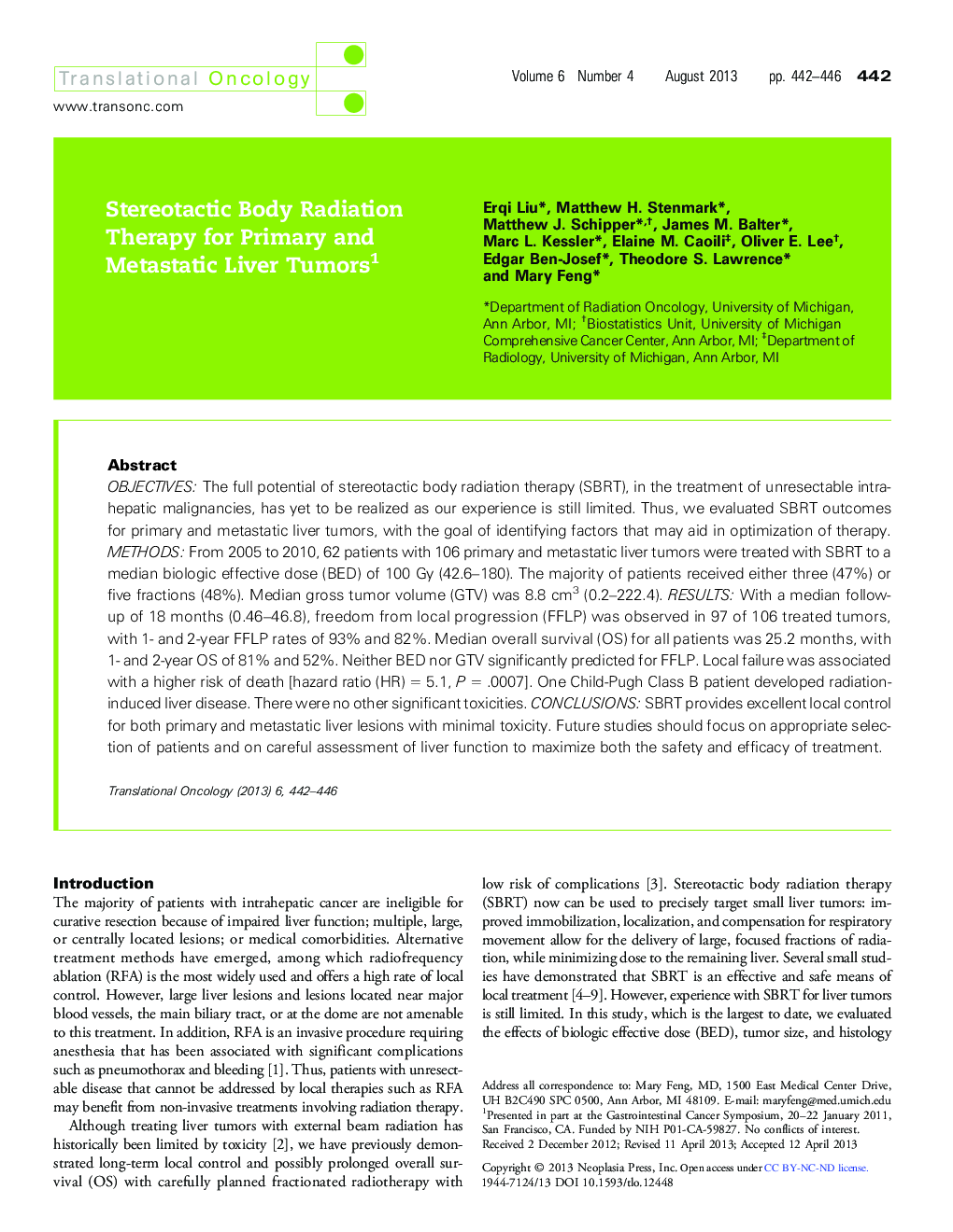 Stereotactic Body Radiation Therapy for Primary and Metastatic Liver Tumors 1