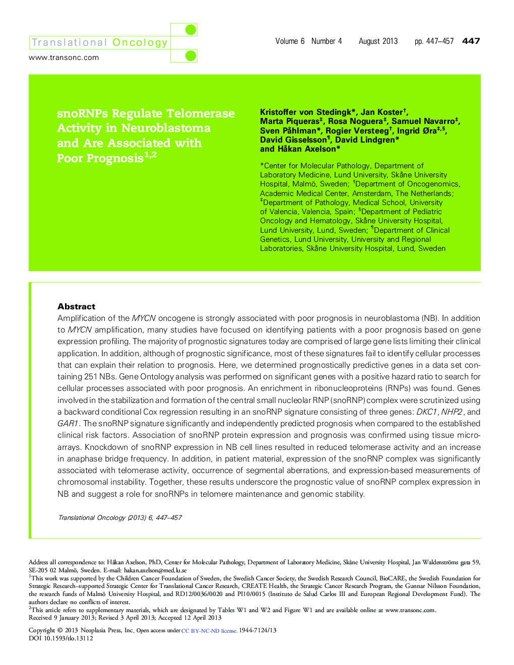 snoRNPs Regulate Telomerase Activity in Neuroblastoma and Are Associated with Poor Prognosis 12