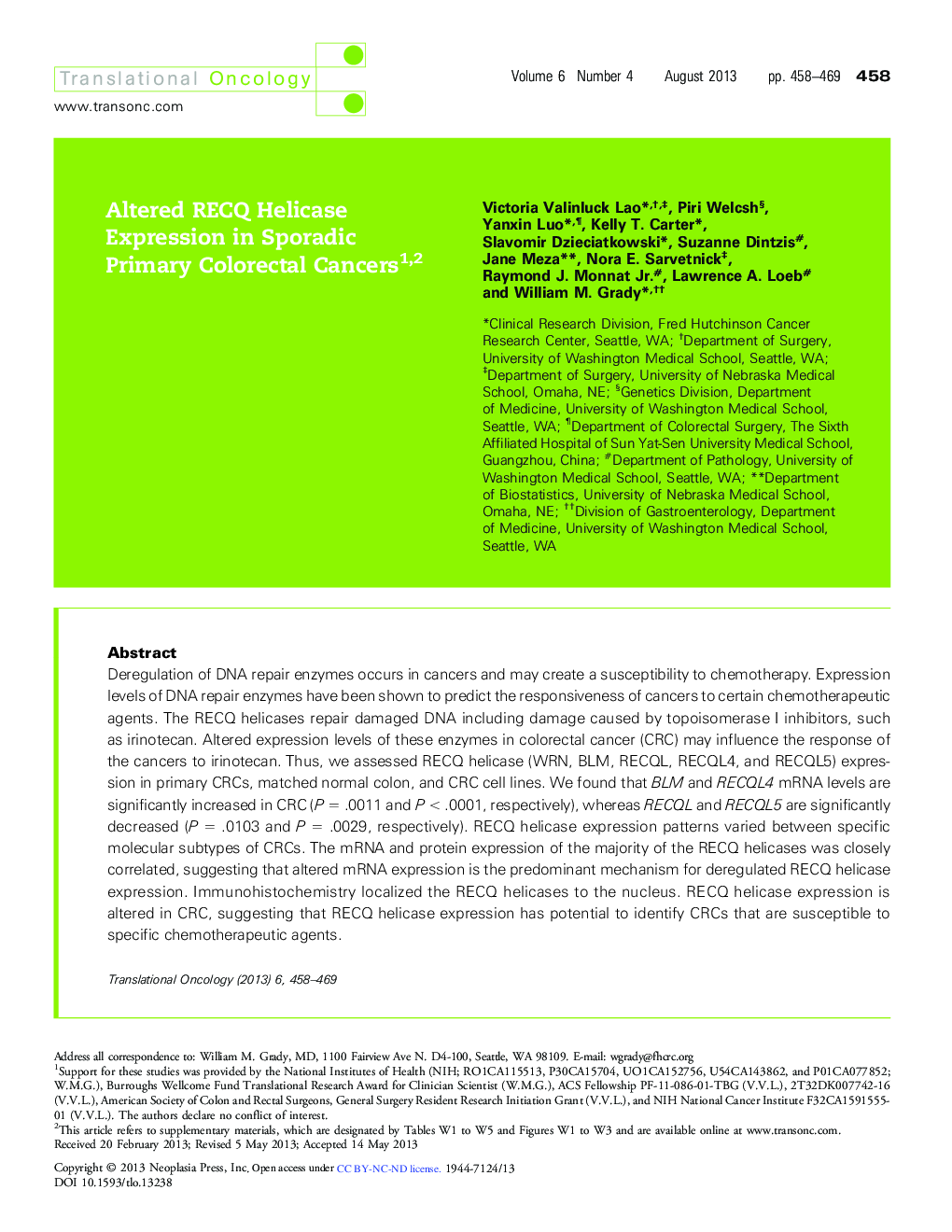 Altered RECQ Helicase Expression in Sporadic Primary Colorectal Cancers
