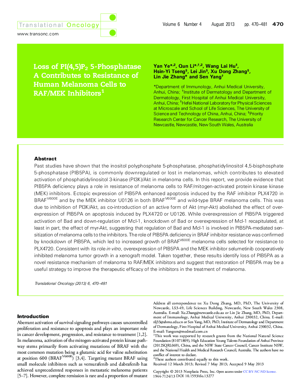 Loss of PI(4,5)P2 5-Phosphatase A Contributes to Resistance of Human Melanoma Cells to RAF/MEK Inhibitors