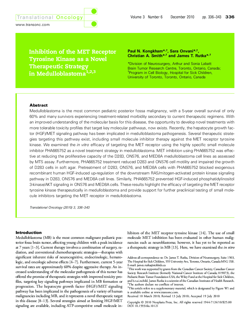Inhibition of the MET Receptor Tyrosine Kinase as a Novel Therapeutic Strategy in Medulloblastoma