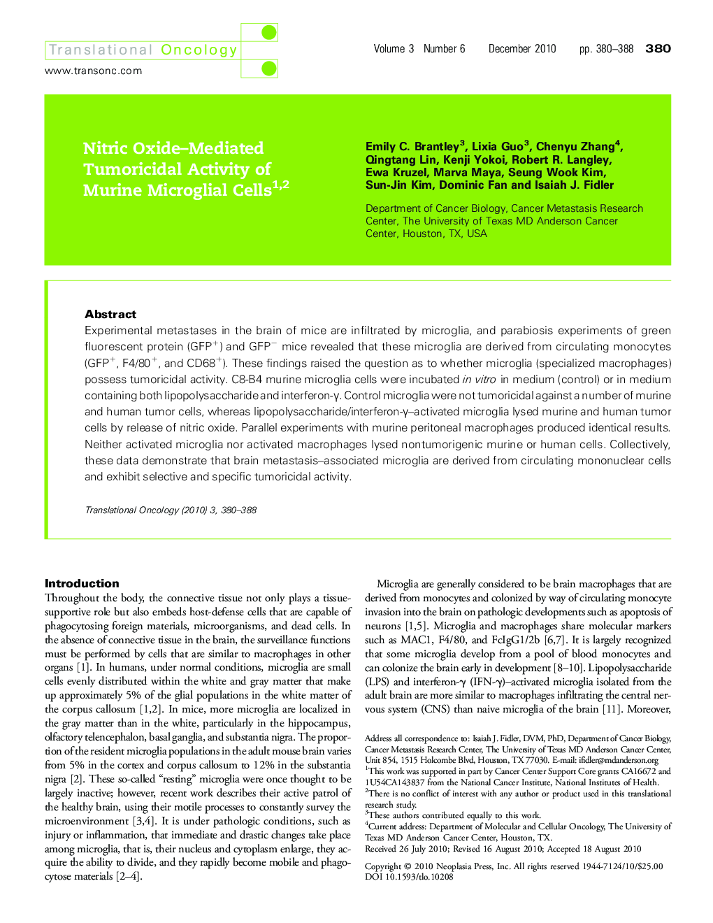 Nitric Oxide-Mediated Tumoricidal Activity of Murine Microglial Cells 12