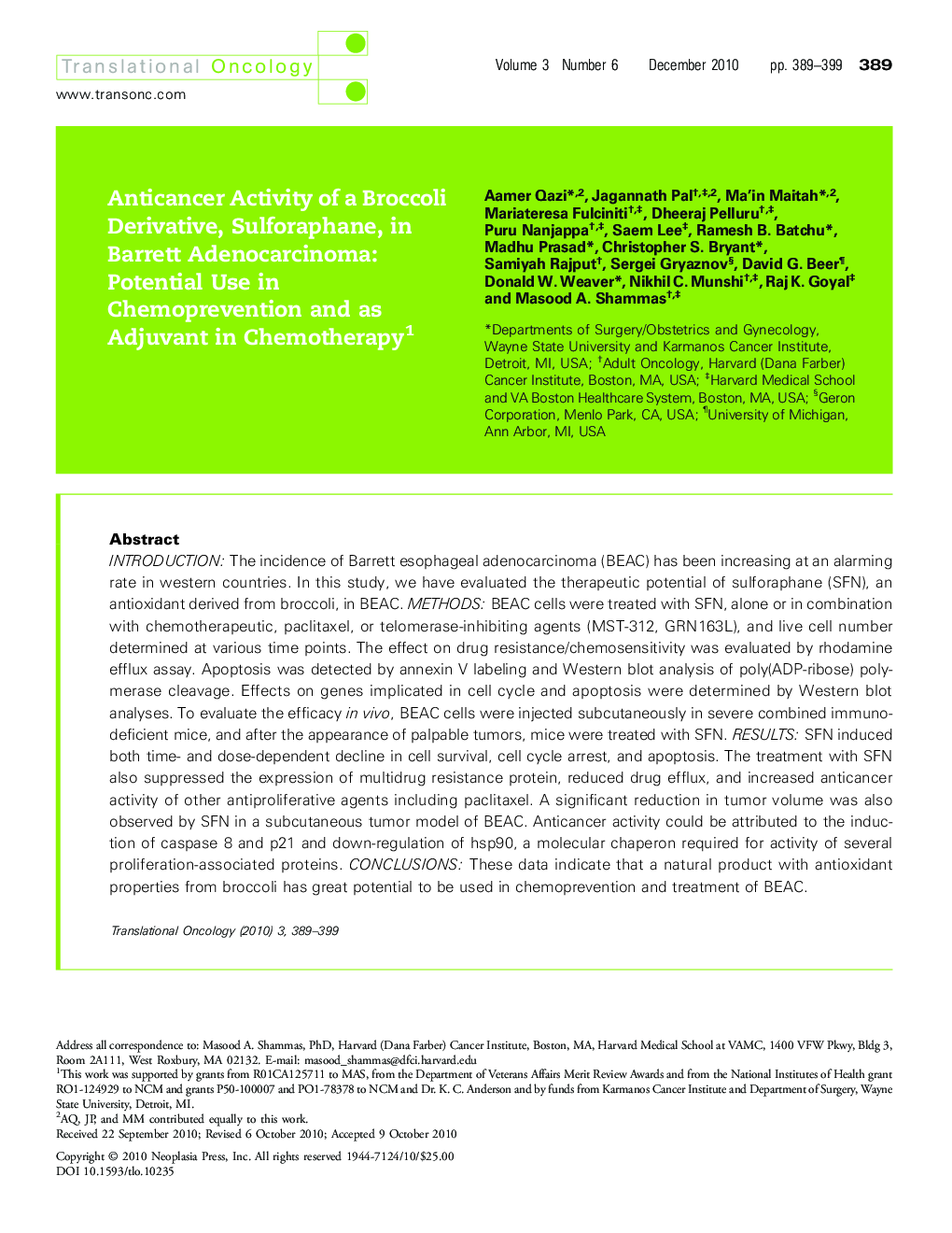 Anticancer Activity of a Broccoli Derivative, Sulforaphane, in Barrett Adenocarcinoma: Potential Use in Chemoprevention and as Adjuvant in Chemotherapy 1