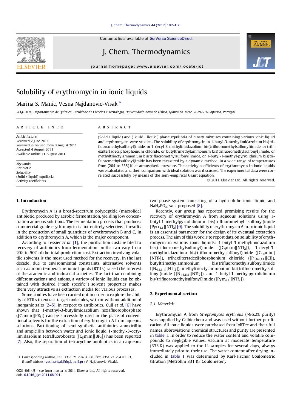 Solubility of erythromycin in ionic liquids