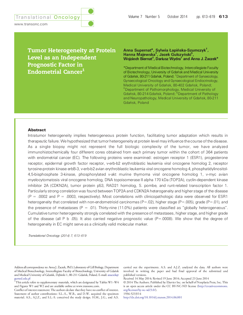 Tumor Heterogeneity at Protein Level as an Independent Prognostic Factor in Endometrial Cancer 1