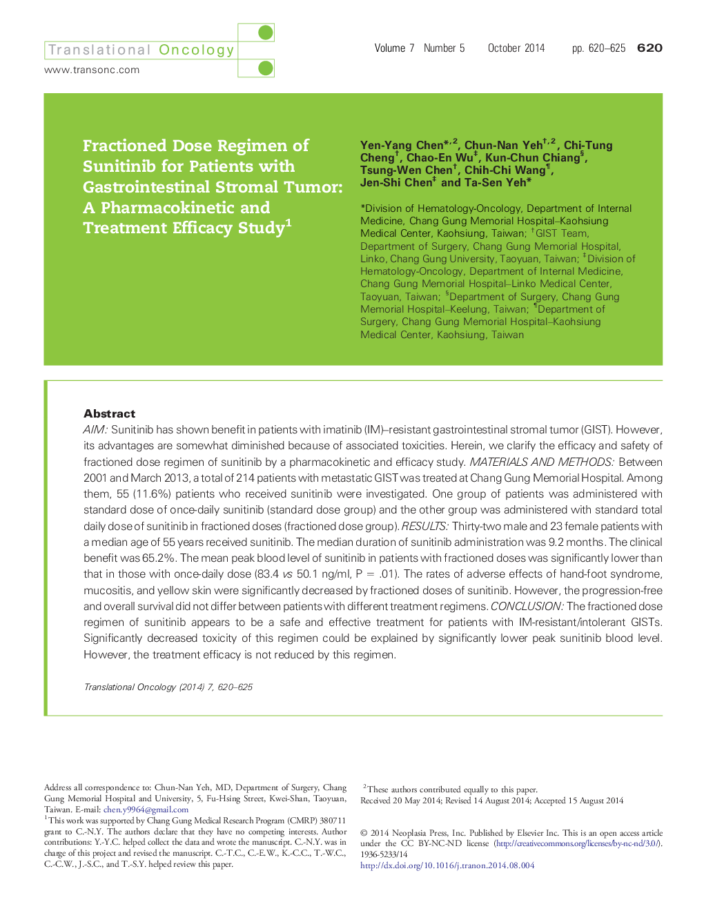 Fractioned Dose Regimen of Sunitinib for Patients with Gastrointestinal Stromal Tumor: A Pharmacokinetic and Treatment Efficacy Study 1