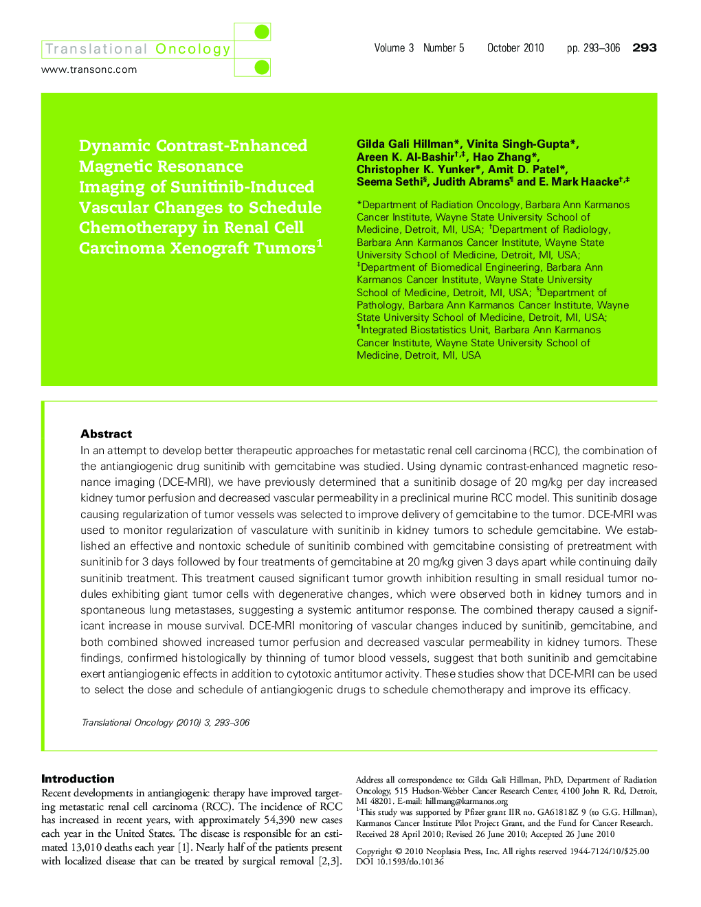 Dynamic Contrast-Enhanced Magnet Resonance Imaging of Sunitinib-Induced Vascular Changes to Schedule Chemotherapy in Renal Cell Carcinoma Xenograft Tumors 1