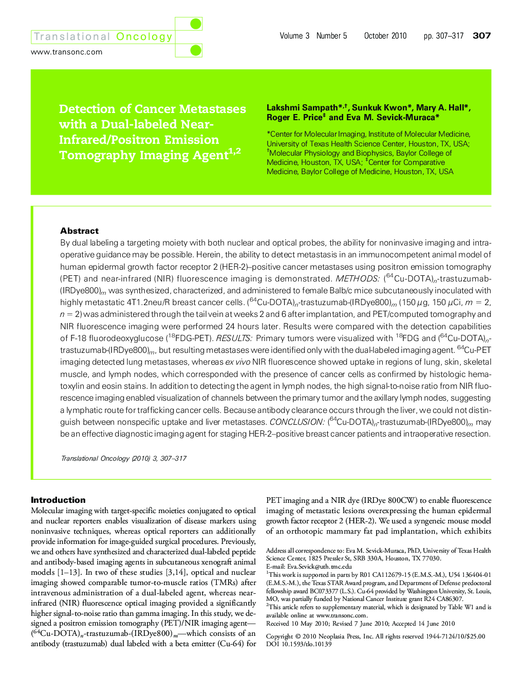 Detection of Cancer Metastases with a Dual-labeled Near-Infrared/Position Emission Tomography Imaging Agent