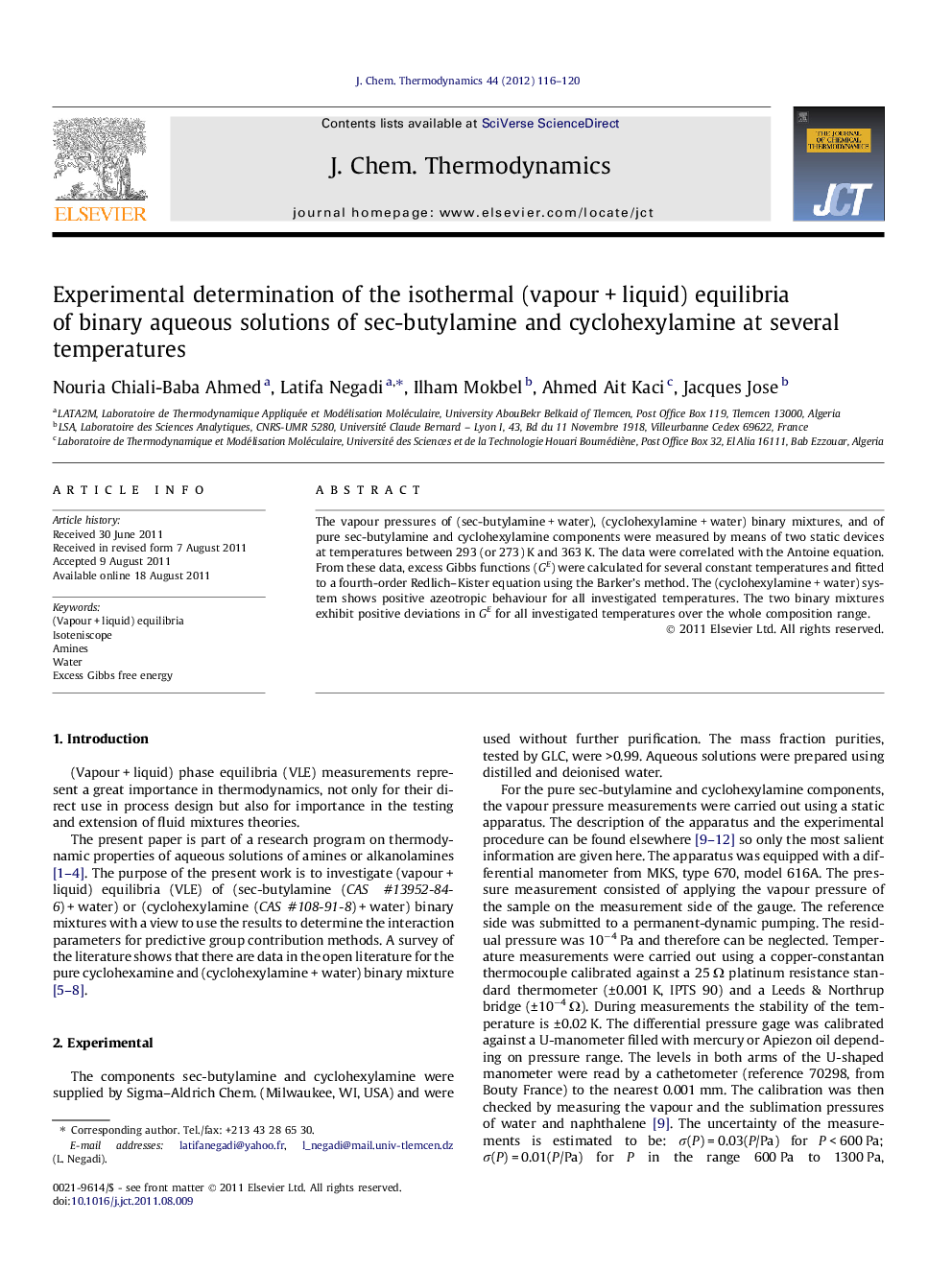 Experimental determination of the isothermal (vapour + liquid) equilibria of binary aqueous solutions of sec-butylamine and cyclohexylamine at several temperatures