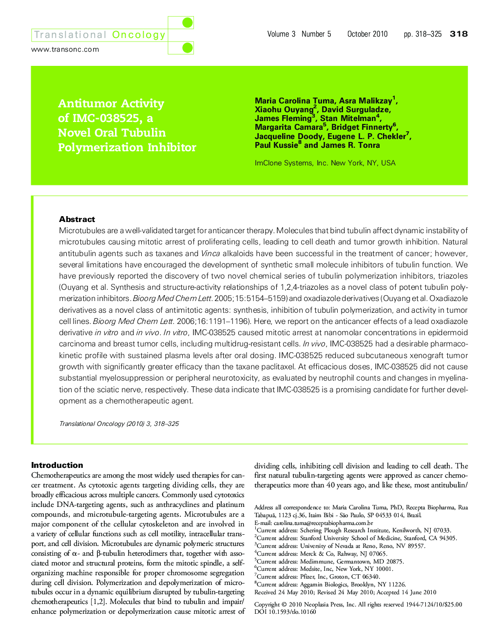 Antitumor Activity of IMC-038525, a Novel Oral Tubulin