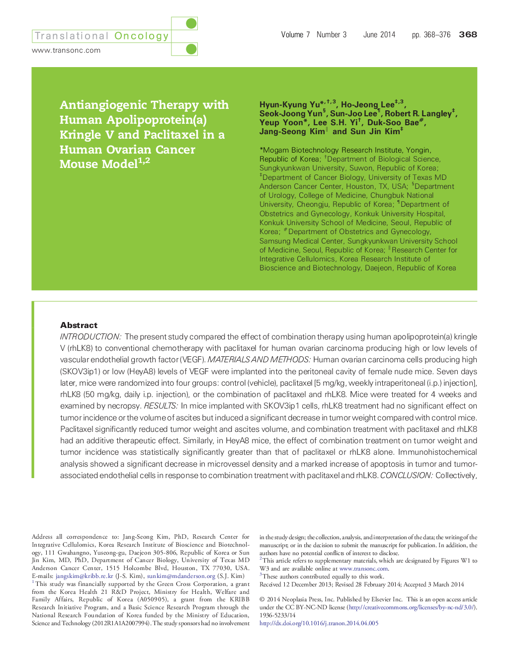 Antiangiogenic Therapy with Human Apolipoprotein(a) Kringle V and Paclitaxel in a Human Ovarian Cancer Mouse Model 12