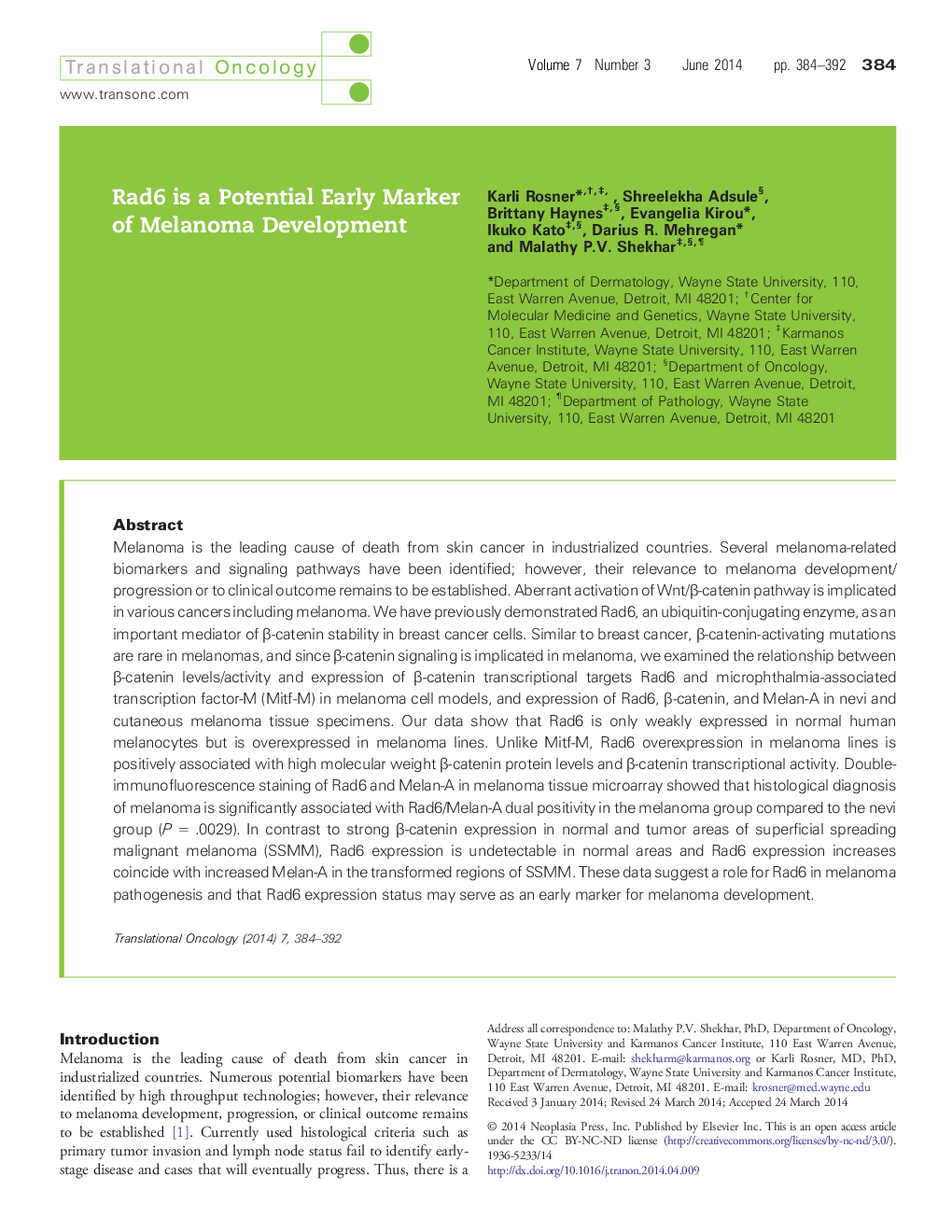 Rad6 is a Potential Early Marker of Melanoma Development
